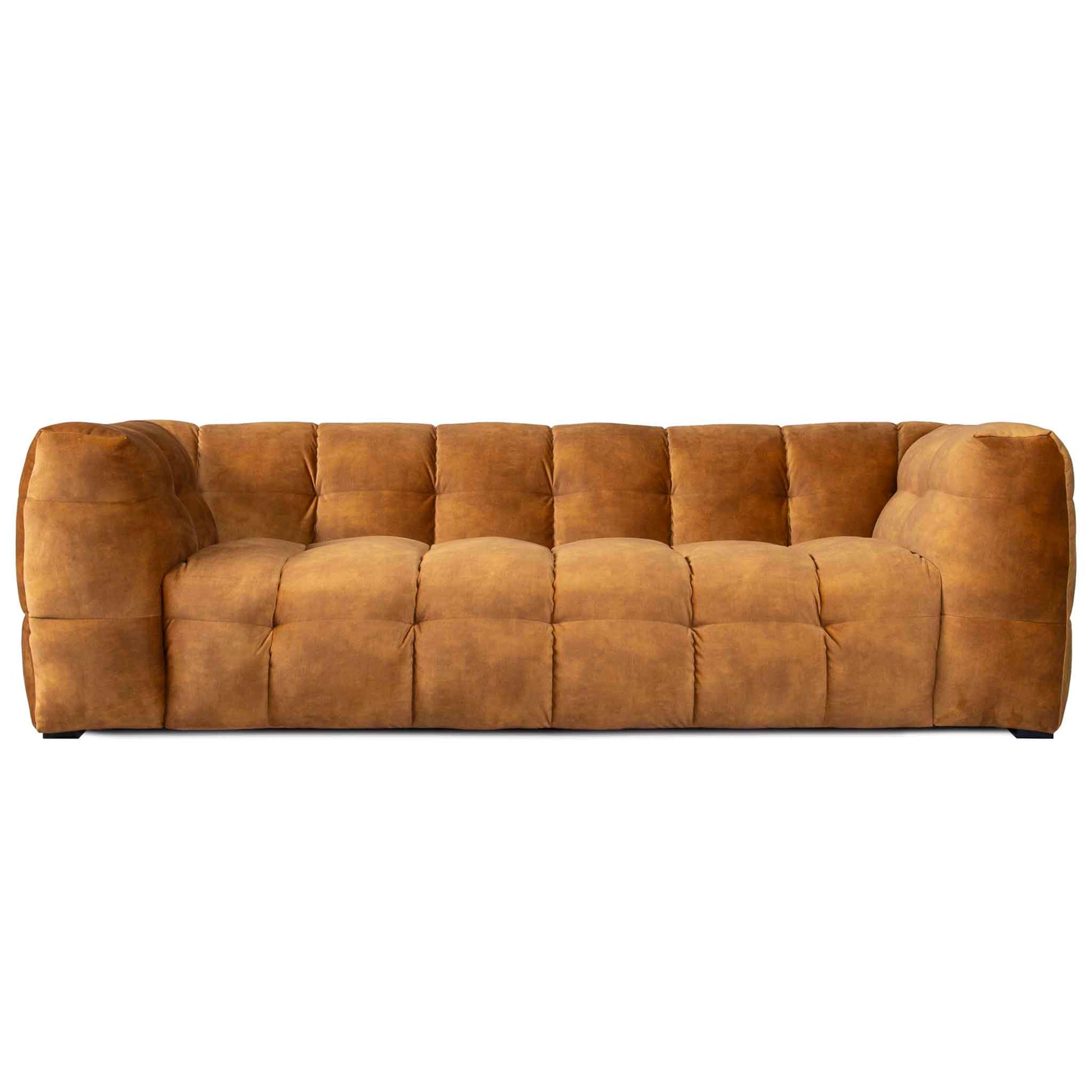 Djup 3-sits design soffa i guld-gul krossad sammet. Bubblig möbeldesign.