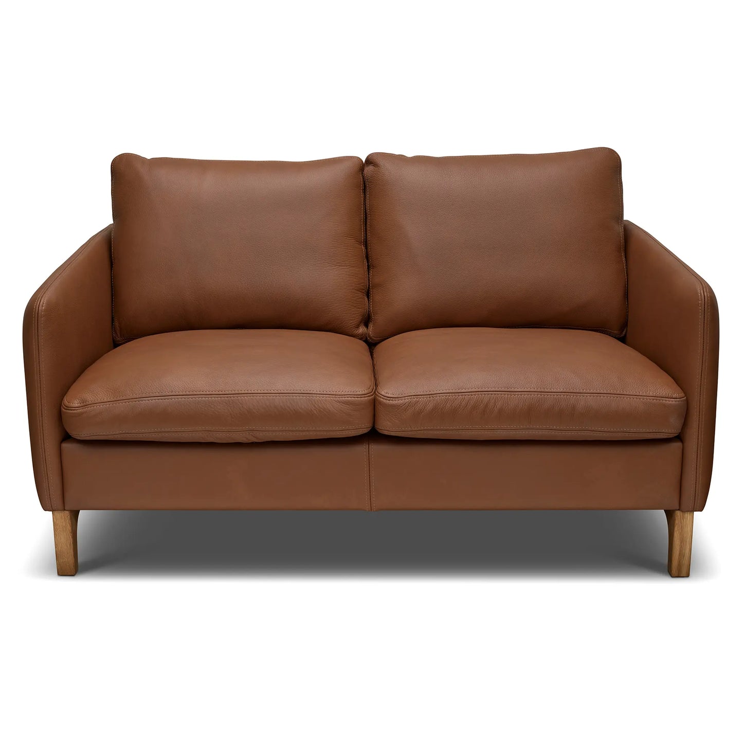 Liten brun 2-sits soffa i äkta spårbart skinn med ben i massiv ek