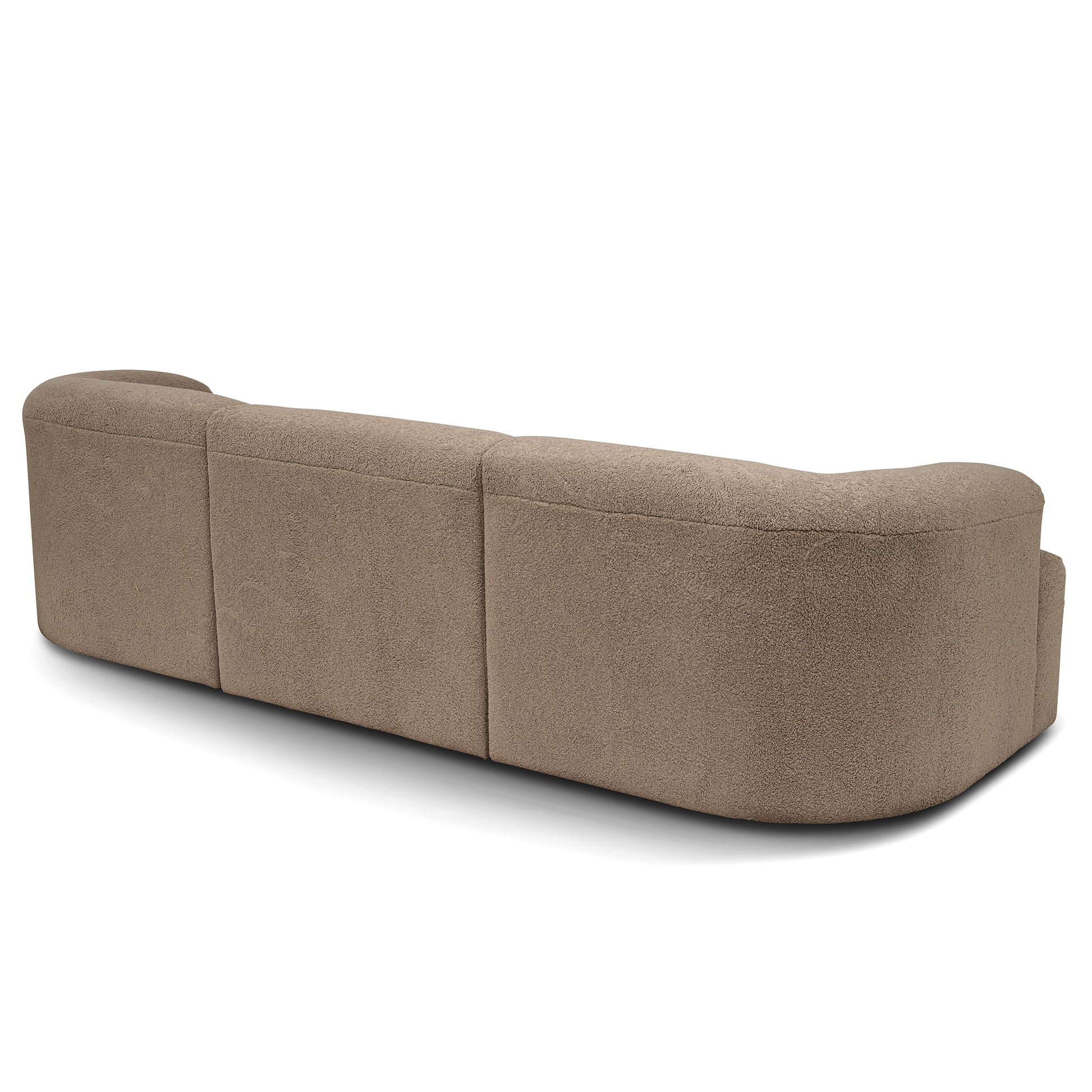 Baksidan på en stor 4 sits teddy soffa i brunt polyester tyg